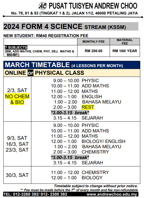 2024 JADUAL WAKTU (Tuition / Holiday Programme) PETALING JAYA By